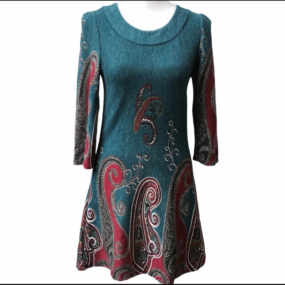 Vintage Papillon Dark Teal Green Paisley Dress Size Small